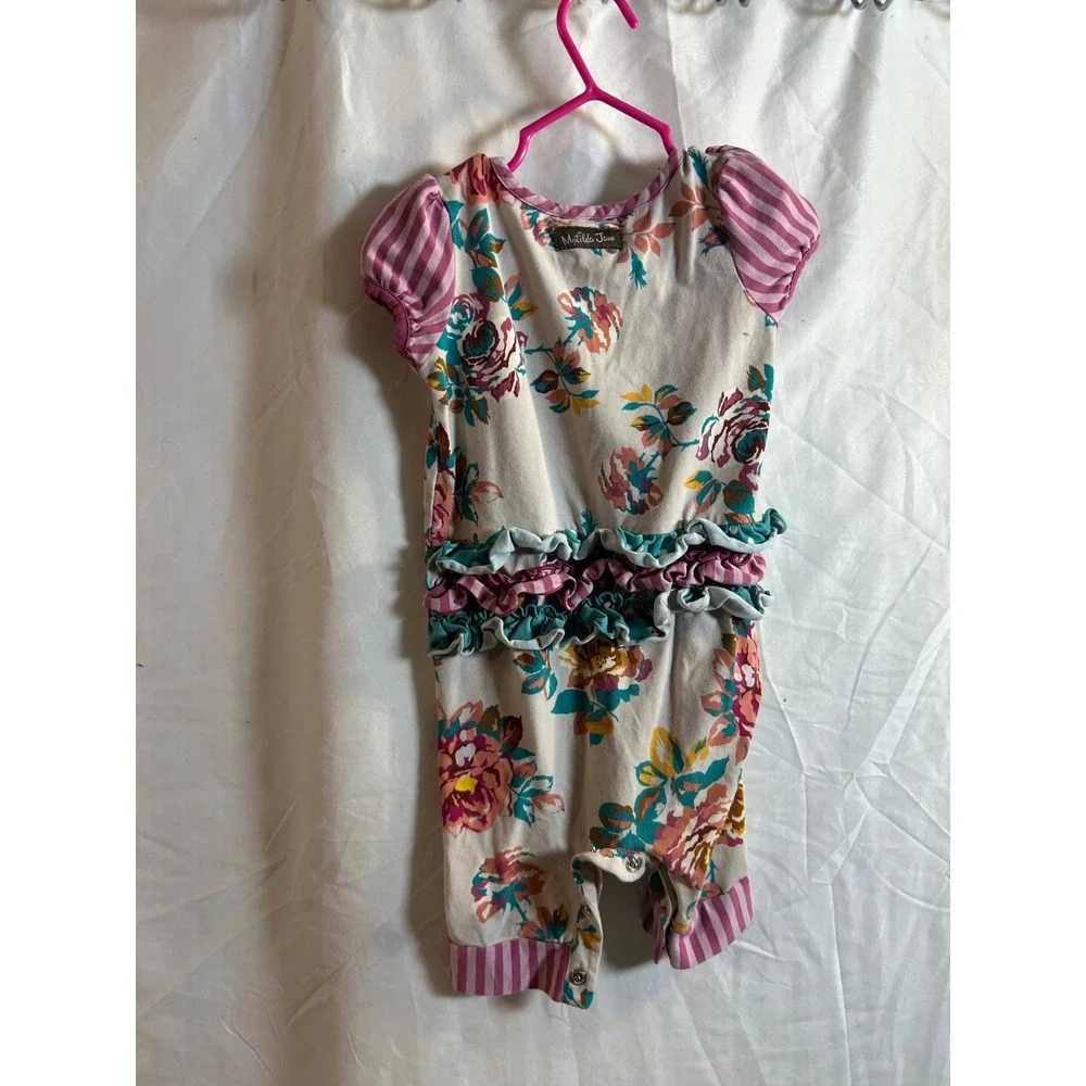 Matilda Jane Floral Romper 12-18m Pink Purple Mixed Print Ruffle Baby Girls